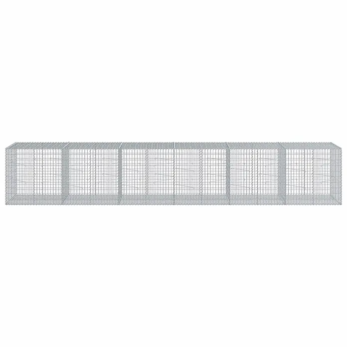 Furnicato Gabione - 600 x 100 x 100 cm, Metall, Maschenbreite: 50 mm, Maschenhöhe: 100 mm - Sechs rechteckige, leere Gabionenkörbe aus grauem Metallgeflecht, in einer Reihe.