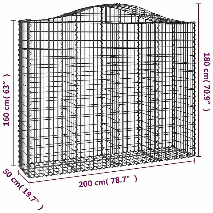 Furnicato Gabione - 50 x 200 x 180 cm, Metall, Maschenbreite: 50 mm, Maschenhöhe: 100 mm - Schwarzer Drahtgeflecht-Gabionenkorb, Basis 200x50 cm, mit variierenden Höhen von 160 bis 180 cm für Garten- oder Landschaftsbau.