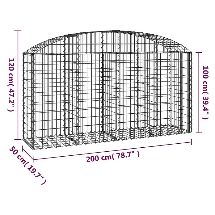 Furnicato Gabione - 120 x 200 x 50 cm, Metall, Maschenbreite: 50 mm, Maschenhöhe: 100 mm - Schwarzer Drahtgeflecht-Gabionenkorb mit gewölbter Oberseite, Maße angezeigt.
