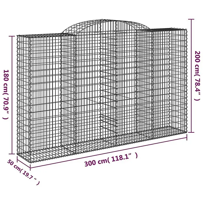 Furnicato Gabione - 200 x 300 x 50 cm, Metall, Maschenbreite: 50 mm, Maschenhöhe: 100 mm - Schwarzer Drahtgeflecht-Gabionenkäfig mit Maßen: 300x50 cm, Seitenhöhe 180 cm, Mittelhöhe 200 cm.