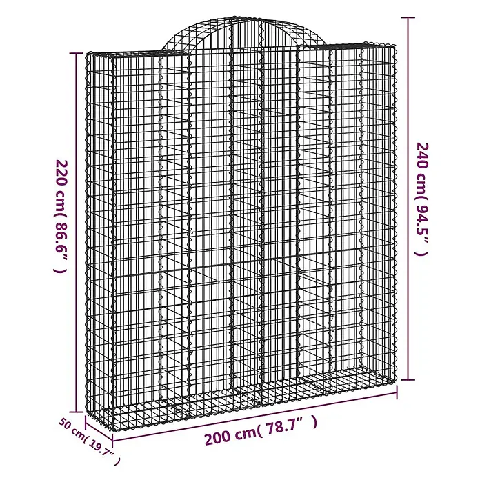 Furnicato Gabione - 50 x 200 x 240 cm, Metall, Maschenbreite: 50 mm, Maschenhöhe: 100 mm - Schwarzer Gabionenkorb aus Metallgitter mit gewölbter Oberseite, 200x50 cm Basis, bis zu 240 cm hoch.