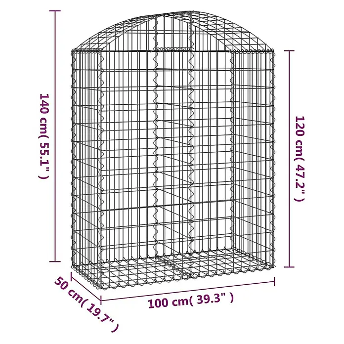 Furnicato Gabione - 50 x 100 x 140 cm, Metall, Maschenbreite: 50 mm, Maschenhöhe: 100 mm - Drahtgitter-Gabione, 100x50 cm Basis, 140 cm Gesamthöhe, mit abgerundeter Oberseite.