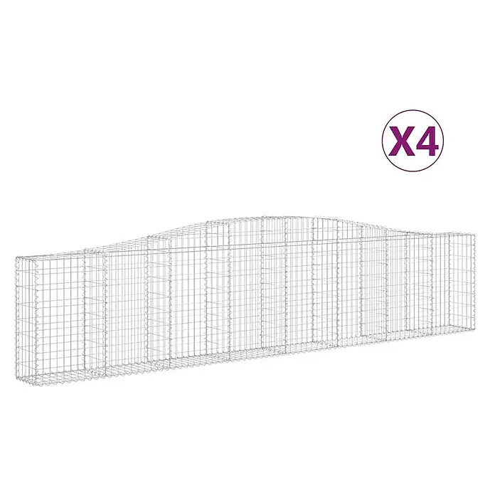 Furnicato Gabione - 30 x 400 x 100 cm, Metall, Maschenbreite: 50 mm, Maschenhöhe: 100 mm - Vier silberne Gabionenkörbe aus Metalldraht mit gebogener Oberseite, ideal für Landschaftsbau oder dekorative Steinmauern.