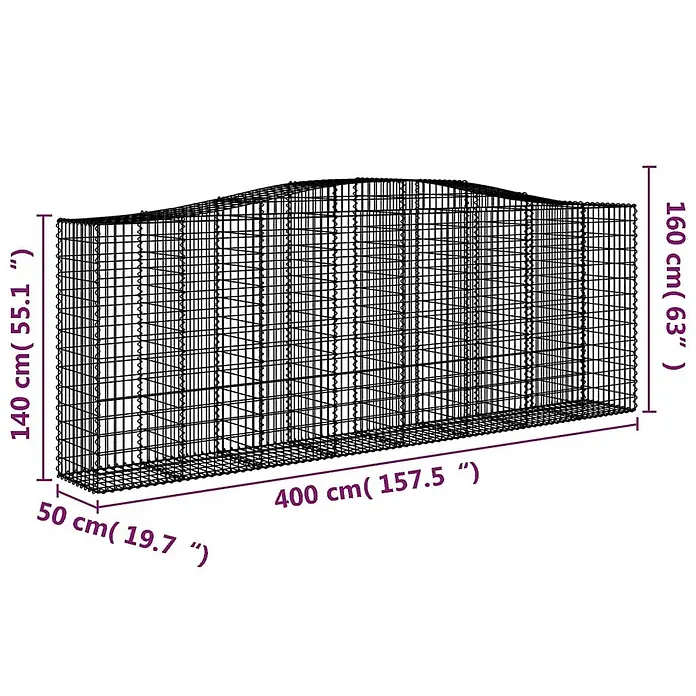Furnicato Gabione - 50 x 400 x 160 cm, Metall, Maschenbreite: 50 mm, Maschenhöhe: 100 mm - Schwarzes Drahtgeflecht-Gartengehege mit gewölbtem Dach, 400 cm lang, 50 cm breit, 140-160 cm hoch.