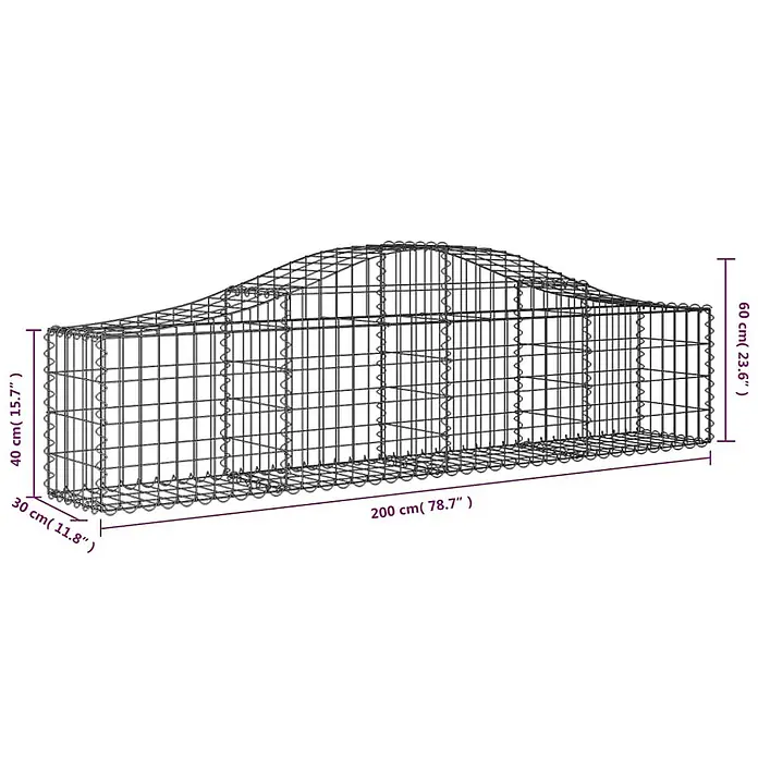 Furnicato Gabione - 30 x 200 x 60 cm, Metall, Maschenbreite: 50 mm, Maschenhöhe: 100 mm - Ein rechteckiger Drahtgeflecht-Gabionenkäfig mit gewölbter Oberseite, Maße: 200 cm Länge, 30 cm Breite, 40 cm und 60 cm Höhe.