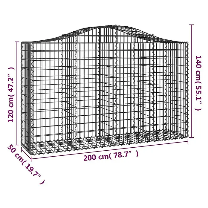 Furnicato Gabione - 50 x 200 x 140 cm, Metall, Maschenbreite: 50 mm, Maschenhöhe: 100 mm - Dunkle Metallgitter-Gabione mit wellenförmiger Oberkante, 200x50x140 cm (max. Höhe).
