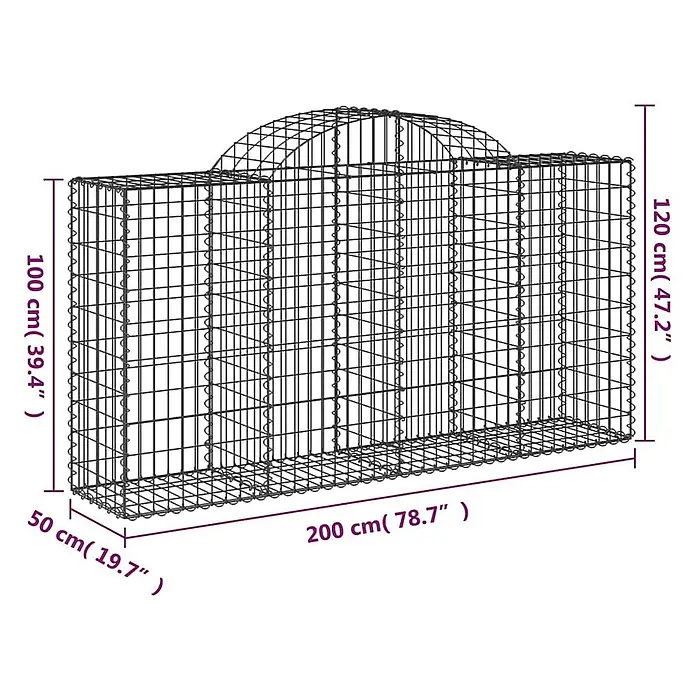 Furnicato Gabione - 50 x 200 x 120 cm, Metall, Maschenbreite: 50 mm, Maschenhöhe: 100 mm - Metallgitter-Gabionenkorb mit rechteckigem Boden und gewölbter Oberseite, 200x50 cm, mit Höhen von 100 cm und 120 cm.