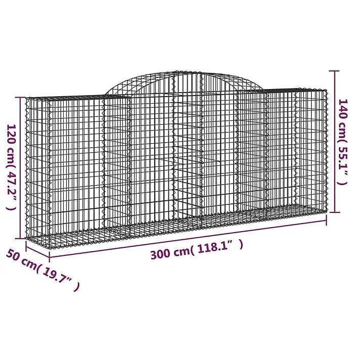 Furnicato Gabione - 50 x 300 x 140 cm, Metall, Maschenbreite: 50 mm, Maschenhöhe: 100 mm - Dunkles Drahtgitter-Tiergehege mit Bogendach, 300x50x140 cm.