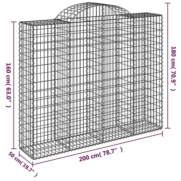 Furnicato Gabione - 50 x 200 x 180 cm, Metall, Maschenbreite: 50 mm, Maschenhöhe: 100 mm - Metall-Drahtgitter-Gabionenkäfig mit gewölbter Oberseite und Maßen.