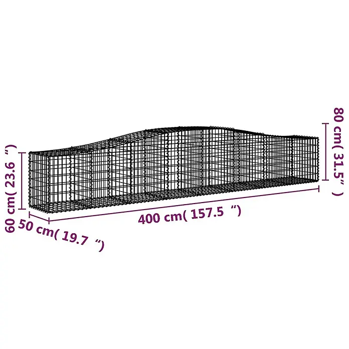 Furnicato Gabione - 50 x 400 x 80 cm, Metall, Maschenbreite: 50 mm, Maschenhöhe: 100 mm - Schwarzer Drahtgeflecht-Gabion für Gartenmauern, mit wellenförmiger Oberseite und Maßen von 400x50 cm, Höhen 60 bis 80 cm.