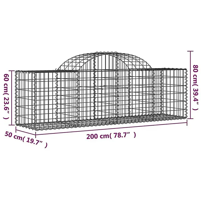 Furnicato Gabione - 50 x 200 x 80 cm, Metall, Maschenbreite: 50 mm, Maschenhöhe: 100 mm - Dunkelgrauer Metall-Gabionenkorb mit rechteckigem Boden und gewölbter Oberseite, Maße: 200x50x60/80 cm.