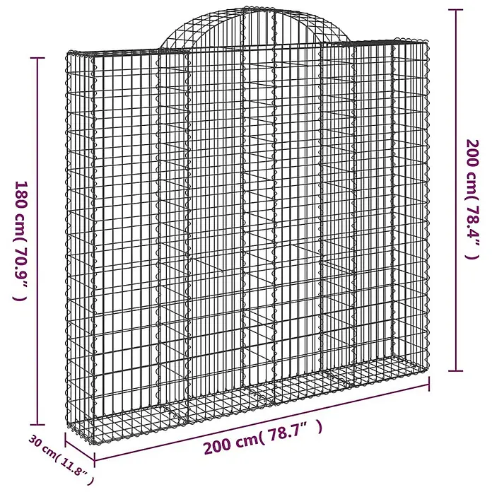 Furnicato Gabione - 200 x 200 x 30 cm, Metall, Maschenbreite: 50 mm, Maschenhöhe: 100 mm - Dunkelgrauer Drahtgeflecht-Gabionenkasten mit gewölbter Oberseite auf einer Seite, Maße angezeigt.