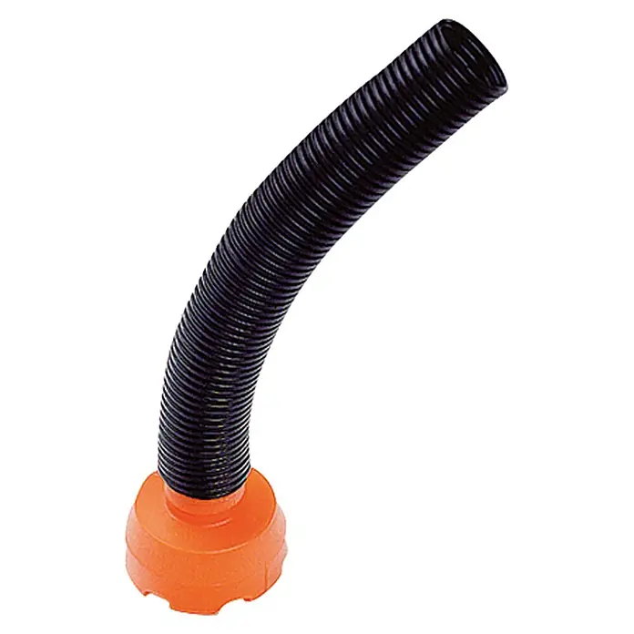 Talamex Ansaugstutzen - Länge: 20 cm, Mit Schlauch - Ein flexibler, gerippter Schlauch mit einem orangefarbenen Anschlussstück, ideal für diverse Anwendungen im Haushalt oder Werkstatt.