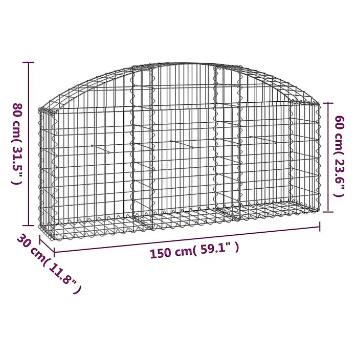 Furnicato Gabione - 30 x 150 x 80 cm, Metall, Maschenbreite: 50 mm, Maschenhöhe: 100 mm - Grauer Gabionenkorb aus Drahtgeflecht mit gewölbter Oberseite und Maßen.