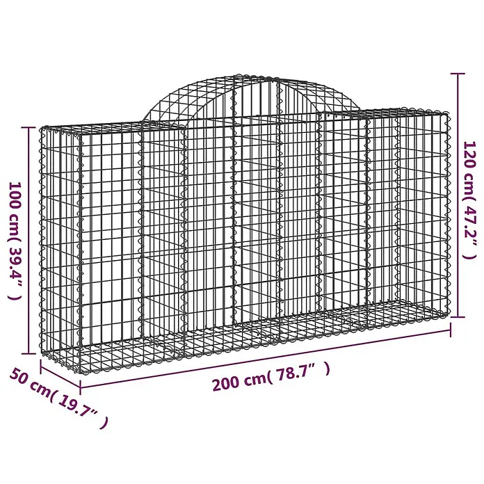 Furnicato Gabione - 50 x 200 x 120 cm, Metall, Maschenbreite: 50 mm, Maschenhöhe: 100 mm - Dunkler Drahtgitter-Gabionenkorb mit rechteckiger Basis und gewölbtem Oberteil.