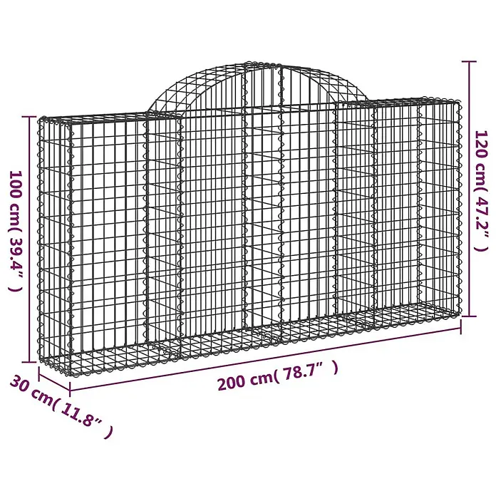 Furnicato Gabione - 120 x 200 x 30 cm, Metall, Maschenbreite: 50 mm, Maschenhöhe: 100 mm - Gabionenkorb aus Metallgitter mit gewölbter Oberseite und Maßen.