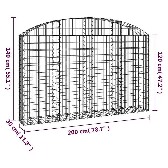 Furnicato Gabione - 140 x 200 x 30 cm, Metall, Maschenbreite: 50 mm, Maschenhöhe: 100 mm - Schwarzer Drahtgeflecht-Gabionenkäfig mit gewölbter Oberseite, 200 cm lang, 30 cm breit und bis zu 140 cm hoch.