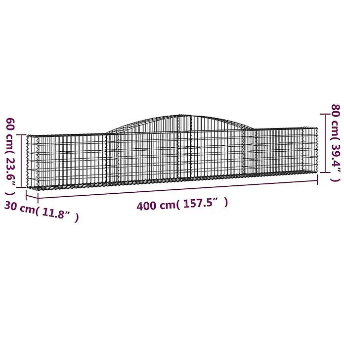 Furnicato Gabione - 30 x 400 x 80 cm, Metall, Maschenbreite: 50 mm, Maschenhöhe: 100 mm - Langes Drahtgeflecht-Tiergehege mit gewölbter Oberseite. L: 400cm, B: 30cm, H: 60-80cm.
