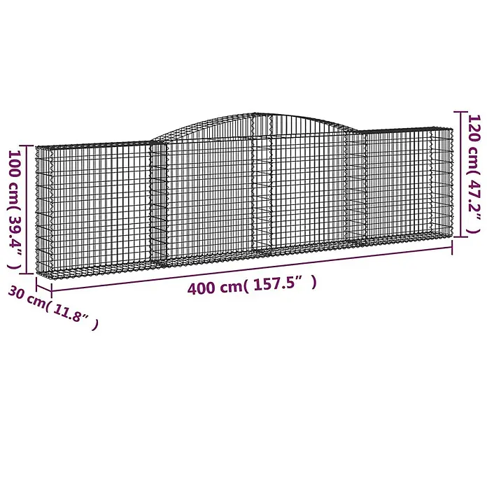 Furnicato Gabione - 120 x 400 x 30 cm, Metall, Maschenbreite: 50 mm, Maschenhöhe: 100 mm - Schwarze Drahtgitter-Gabionen-Pflanzgefäß mit gewellter Oberseite, 400 cm lang, Höhe von 100 bis 120 cm.