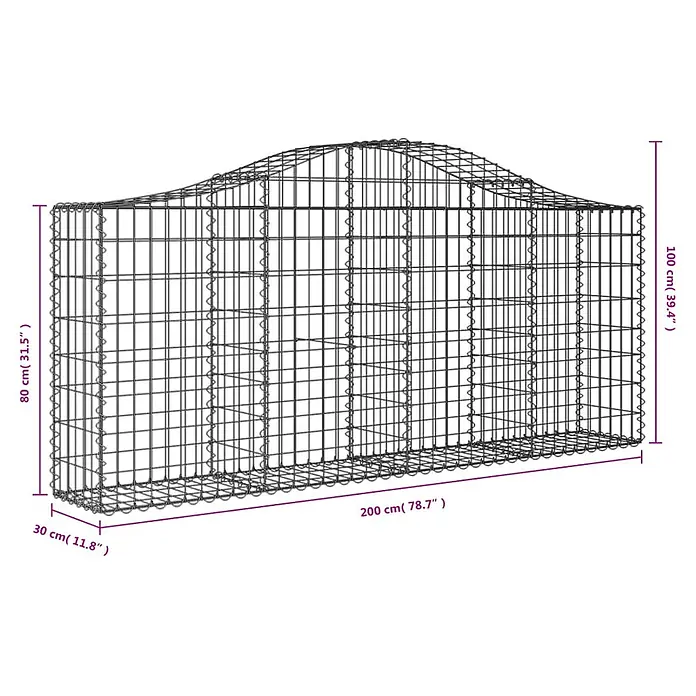 Furnicato Gabione - 30 x 200 x 100 cm, Metall, Maschenbreite: 50 mm, Maschenhöhe: 100 mm - Gabionenkorb aus Metall mit gewölbter Oberseite, variabler Höhe (80-100 cm), 200 cm Länge und 30 cm Tiefe.