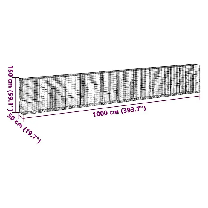 Furnicato Gabione - 1.000 x 50 x 150 cm, Metall, Maschenbreite: 50 mm, Maschenhöhe: 100 mm - Langer, rechteckiger Drahtgeflecht-Gabionenkasten, geeignet für Gartengestaltung oder Stützmauern.