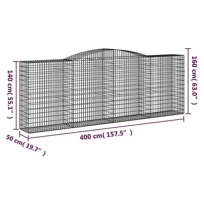 Furnicato Gabione - 160 x 400 x 50 cm, Metall, Maschenbreite: 50 mm, Maschenhöhe: 100 mm - Langes schwarzes Drahtgeflecht-Gabionenkäfig mit gewölbter Oberseite, zum Befüllen mit Steinen.