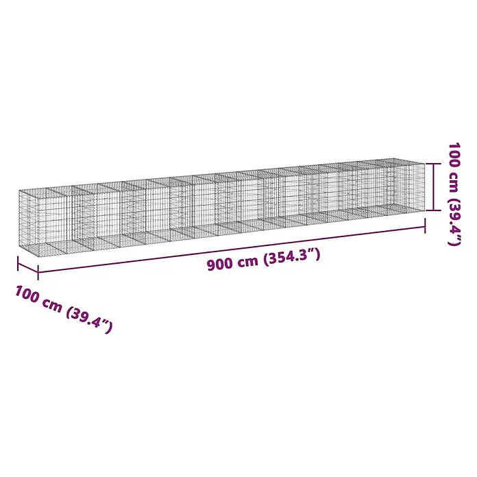 Furnicato Gabione - 900 x 100 x 100 cm, Metall, Maschenbreite: 50 mm, Maschenhöhe: 100 mm - Langes, rechteckiges Drahtgitter-Gabion mit Abmessungen 900x100x100 cm.