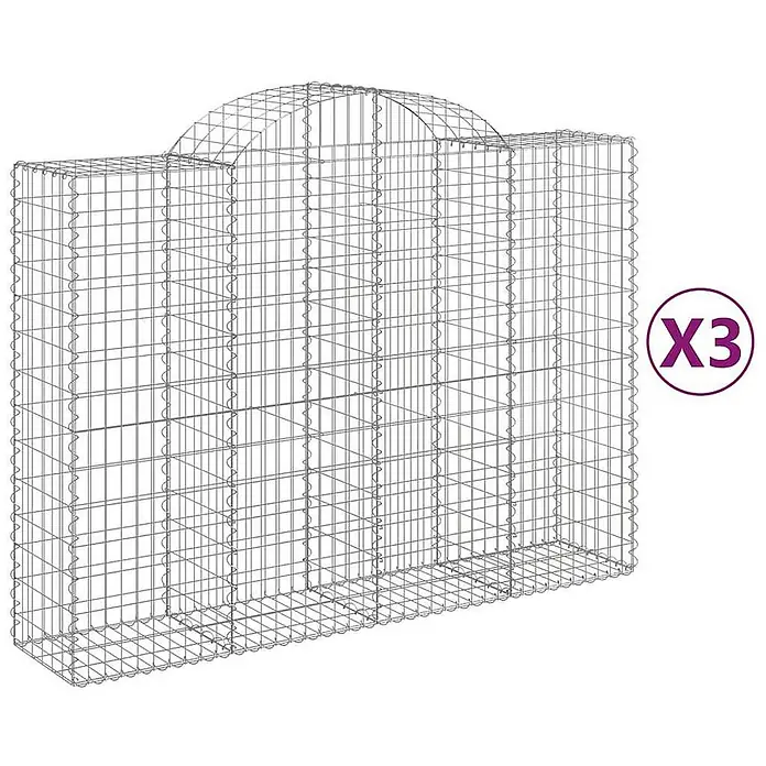 Furnicato Gabione - 50 x 200 x 160 cm, Metall, Maschenbreite: 50 mm, Maschenhöhe: 100 mm - Drei silberfarbene Drahtgitter-Gabionenkörbe, einer mit runder Oberseite, für den Gabionenbau.