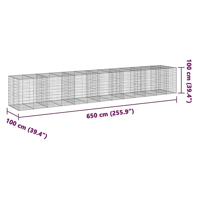 Furnicato Gabione - 650 x 100 x 100 cm, Metall, Maschenbreite: 50 mm, Maschenhöhe: 100 mm - Langer, rechteckiger Gabionenkorb aus Metalldraht, 650x100x100 cm.