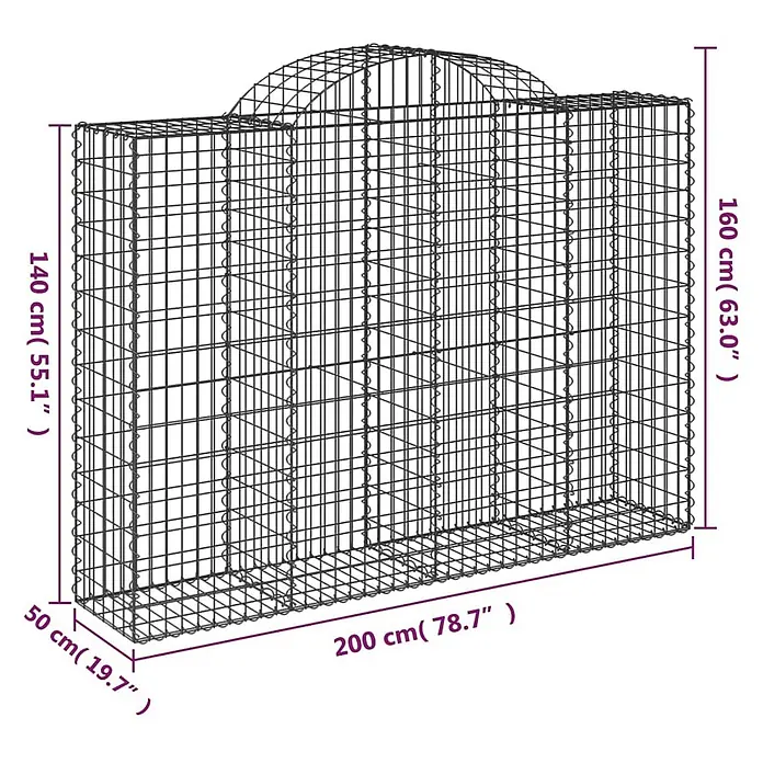Furnicato Gabione - 50 x 200 x 160 cm, Metall, Maschenbreite: 50 mm, Maschenhöhe: 100 mm - Gabion aus Drahtgitter, 200x50 cm, eine Seite 140 cm hoch, die andere 160 cm mit Bogenaufsatz.
