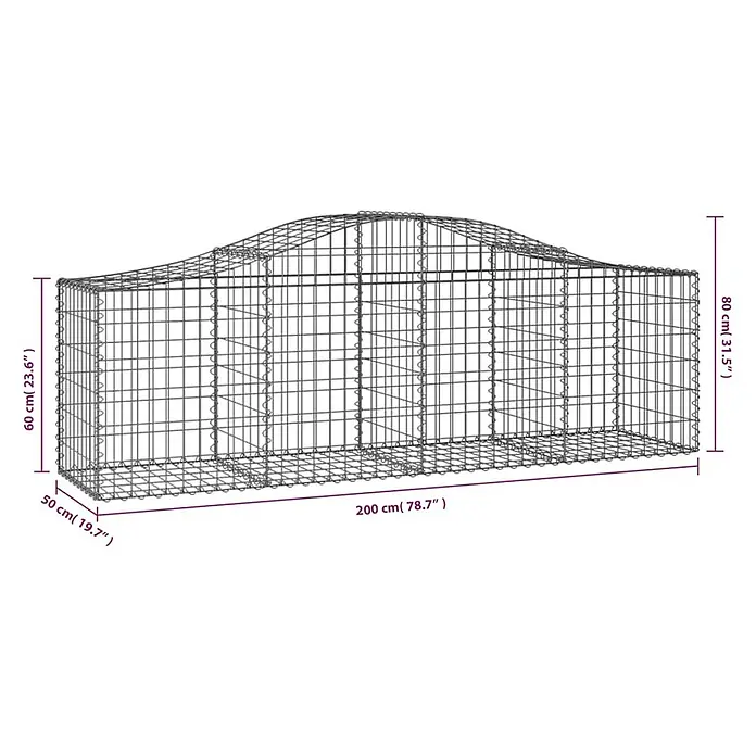 Furnicato Gabione - 80 x 200 x 50 cm, Metall, Maschenbreite: 50 mm, Maschenhöhe: 100 mm - Metall-Drahtgitter-Gabione für Gartenbeete, 200x50 cm, mit wellenförmiger Oberseite, Höhe 60-80 cm.