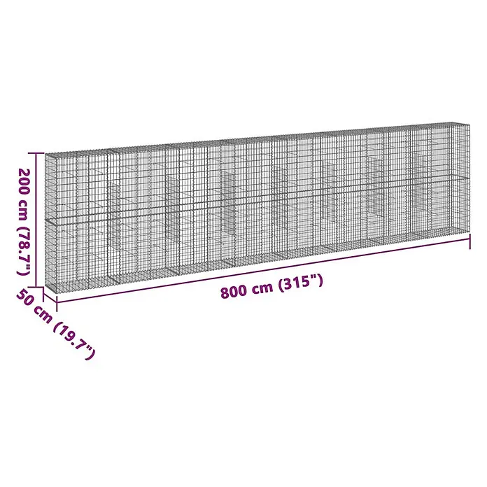 Furnicato Gabione - 800 x 50 x 200 cm, Metall, Maschenbreite: 50 mm, Maschenhöhe: 100 mm - Großes rechteckiges Gabionen-Drahtgeflecht mit den Maßen 800x200x50 cm, aus schräger Ansicht gezeigt.