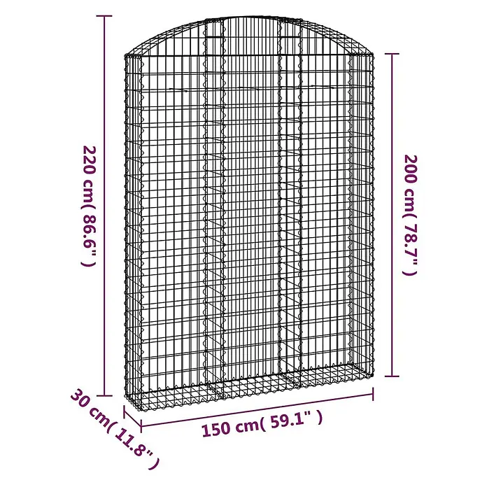 Furnicato Gabione - 30 x 150 x 220 cm, Metall, Maschenbreite: 50 mm, Maschenhöhe: 100 mm - Dunkler Drahtgeflecht-Gabionenkorb, rechteckig mit abgerundeter Oberseite, mit Maßen.