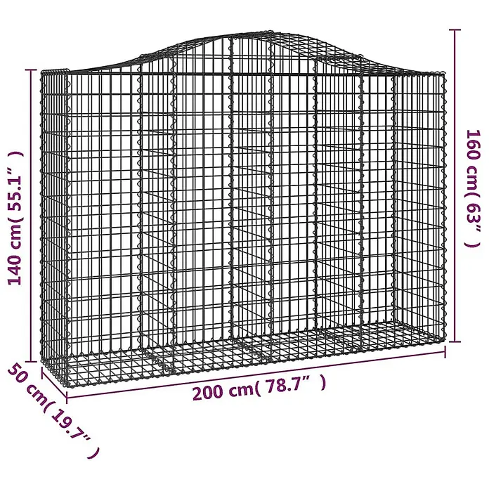 Furnicato Gabione - 50 x 200 x 160 cm, Metall, Maschenbreite: 50 mm, Maschenhöhe: 100 mm - Gabionenkäfig aus Metallgitter, 200x50 cm, Höhen 140 cm und 160 cm.