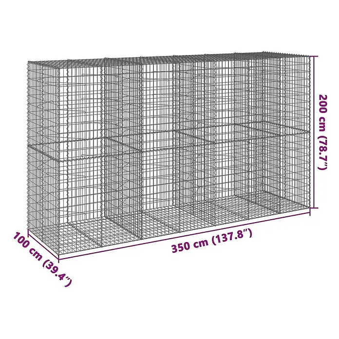 Furnicato Gabione - 350 x 100 x 200 cm, Metall, Maschenbreite: 50 mm, Maschenhöhe: 100 mm - Rechteckiger Gabionenkorb aus grauem Drahtgeflecht, 350x100x200 cm.