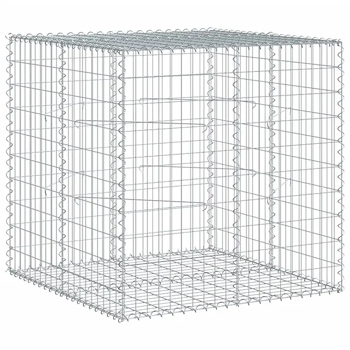 Furnicato Gabione - 100 x 100 x 100 cm, Metall, Maschenbreite: 50 mm, Maschenhöhe: 100 mm - Ein leerer, quadratischer Gabionenkorb aus silberfarbenem Drahtgeflecht.