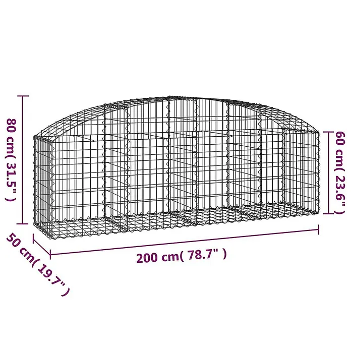 Furnicato Gabione - 80 x 200 x 50 cm, Metall, Maschenbreite: 50 mm, Maschenhöhe: 100 mm - Gewölbter Metallgitterkäfig mit Abmessungen 200 cm L x 50 cm B x 80 cm H.