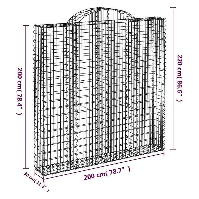 Furnicato Gabione - 220 x 200 x 30 cm, Metall, Maschenbreite: 50 mm, Maschenhöhe: 100 mm - Schwarze Drahtgitter-Gabionenwand mit gewölbter Oberseite, Maße sind angezeigt.