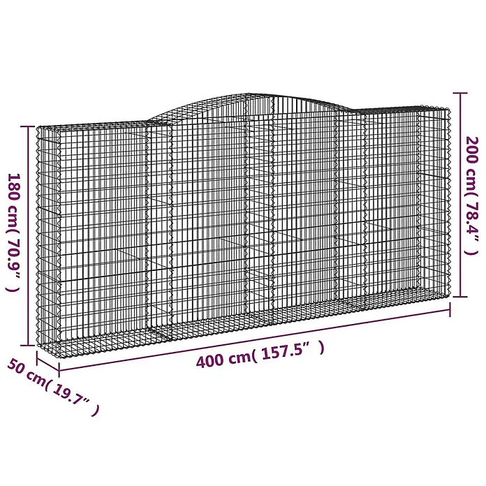Furnicato Gabione - 200 x 400 x 50 cm, Metall, Maschenbreite: 50 mm, Maschenhöhe: 100 mm - Gabionenwand aus schwarzem Drahtgeflecht mit gewellter Oberkante und Maßen.