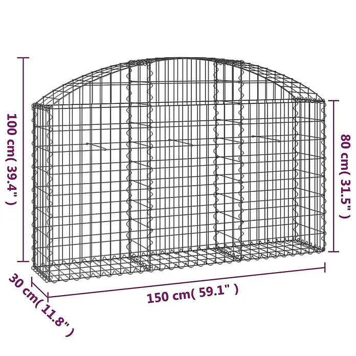 Furnicato Gabione - 30 x 150 x 100 cm, Metall, Maschenbreite: 50 mm, Maschenhöhe: 100 mm - Gabionenkorb aus Metallgitter mit rechteckiger Basis und gewölbter Oberseite.