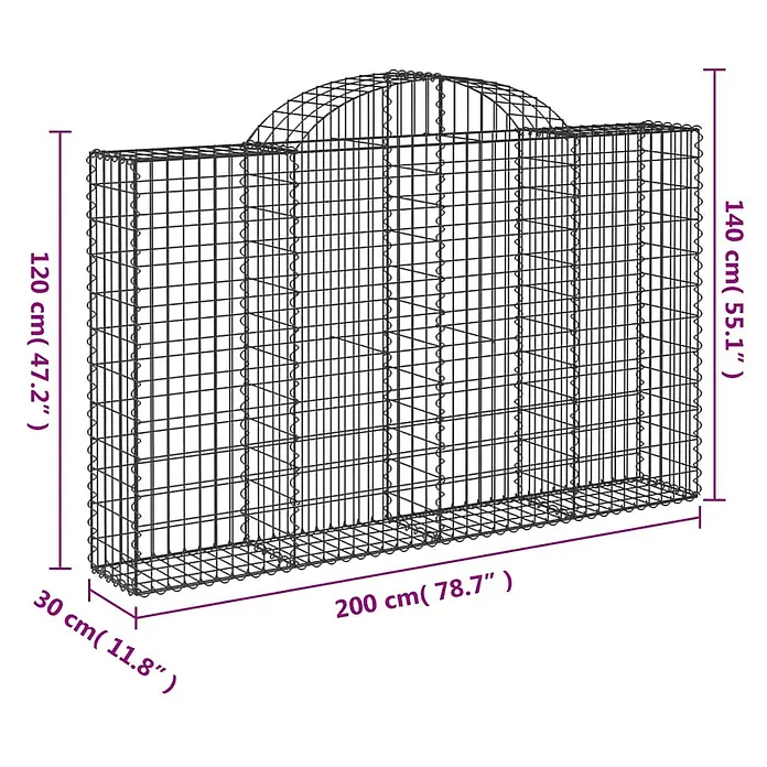 Furnicato Gabione - 140 x 200 x 30 cm, Metall, Maschenbreite: 50 mm, Maschenhöhe: 100 mm - Metallgitter-Gabione mit Bogen oben, 200x30 cm, 120-140 cm hoch.