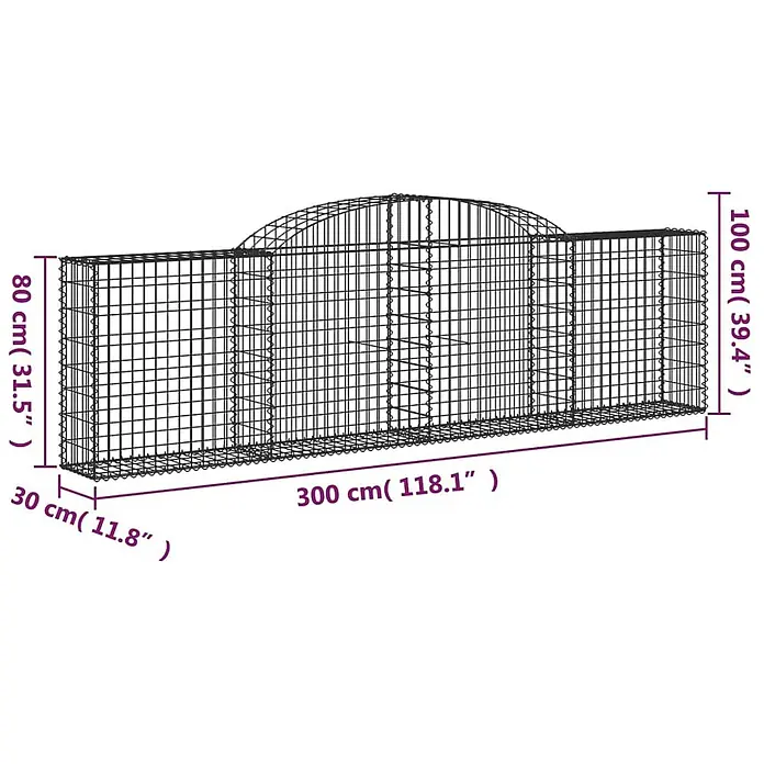 Furnicato Gabione - 30 x 300 x 100 cm, Metall, Maschenbreite: 50 mm, Maschenhöhe: 100 mm - Drahtgitter-Gabionenkorb mit gewölbter Oberseite, Maße 300x30x80/100 cm.