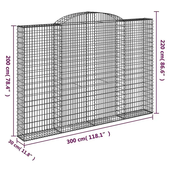 Furnicato Gabione - 220 x 300 x 30 cm, Metall, Maschenbreite: 50 mm, Maschenhöhe: 100 mm - Schwarze Gabionenwand aus Metallgitter mit gewölbter Oberseite, 300x30x220 cm.