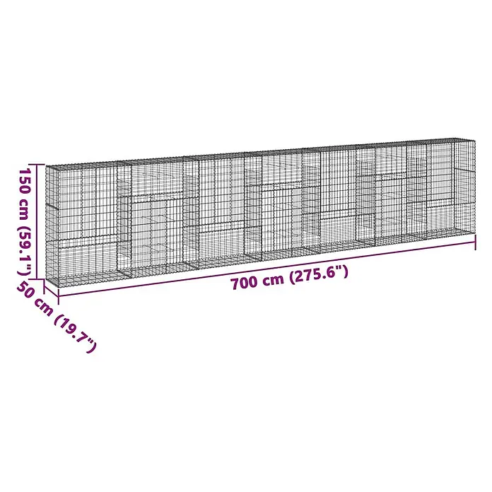 Furnicato Gabione - 700 x 50 x 150 cm, Metall, Maschenbreite: 50 mm, Maschenhöhe: 100 mm - Langes, rechteckiges Drahtgitter-Gabionenkäfig mit Innenteilern, 700x150x50 cm.