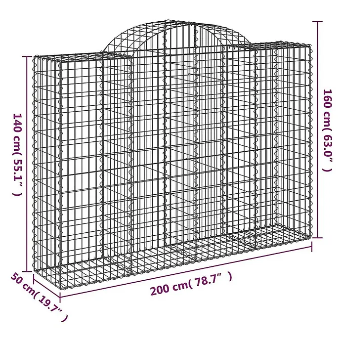 Furnicato Gabione - 50 x 200 x 160 cm, Metall, Maschenbreite: 50 mm, Maschenhöhe: 100 mm - Drahtgitter-Gabionenwand mit gewölbter Oberseite und sichtbaren Abmessungen.