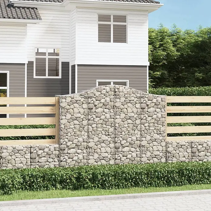Furnicato Gabione - 180 x 200 x 50 cm, Metall, Maschenbreite: 50 mm, Maschenhöhe: 100 mm - Gabionenzaun mit steingefüllten Körben und horizontalen Holzlatten, als Gartenbegrenzung.