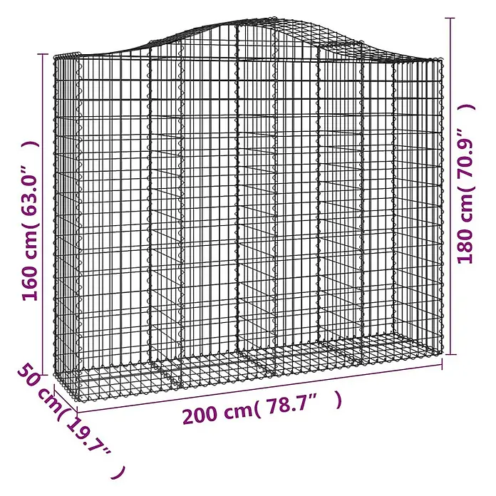 Furnicato Gabione - 180 x 200 x 50 cm, Metall, Maschenbreite: 50 mm, Maschenhöhe: 100 mm - Schwarzer Metall-Gabionenkorb mit Wellenform, 200x50 cm, Höhe 160-180 cm. Ideal für Gartengestaltung.