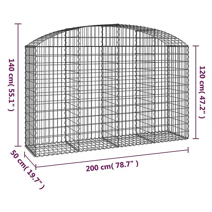 Furnicato Gabione - 140 x 200 x 50 cm, Metall, Maschenbreite: 50 mm, Maschenhöhe: 100 mm - Ein dunkler Gabionenkorb aus Metallgitter, rechteckig mit abgerundeter Oberseite, für Garten- und Landschaftsbau.