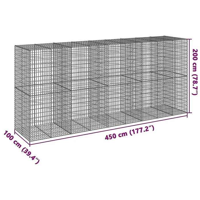 Furnicato Gabione - 450 x 100 x 200 cm, Metall, Maschenbreite: 50 mm, Maschenhöhe: 100 mm - Langer, rechteckiger Gabionenkorb aus grauem Drahtgeflecht, Maße 450x100x200 cm.