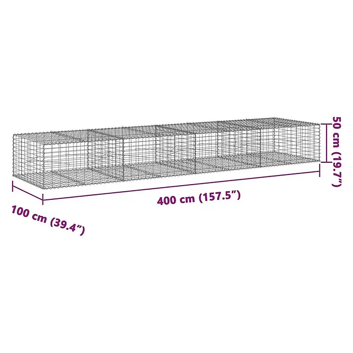 Furnicato Gabione - 400 x 100 x 50 cm, Metall, Maschenbreite: 50 mm, Maschenhöhe: 100 mm - Langer rechteckiger Drahtgeflecht-Gabionenkäfig mit inneren Unterteilungen.